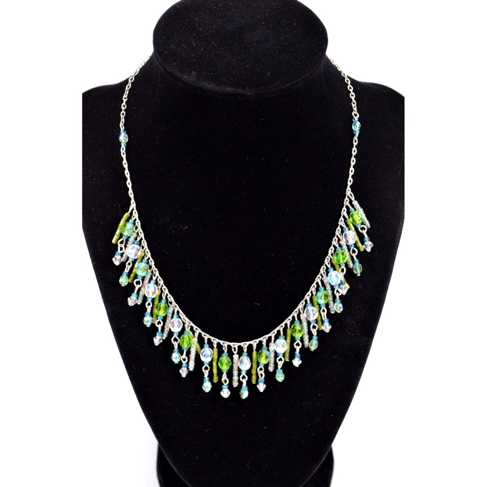 Silver Tone Necklace Green Blue & Clear Bead Dangles 19"
